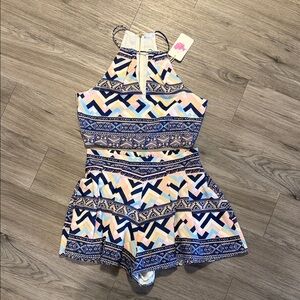 L'ATISTE Geometric Halter two piece set in Blue, Pink, and White